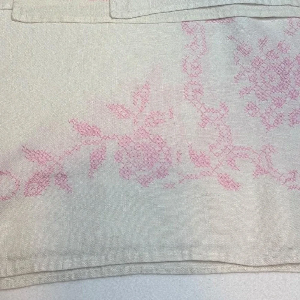 Vintage Pink Cross Stitch Rose Linen Tablecloth and 4 Napkins Set White Cotttage